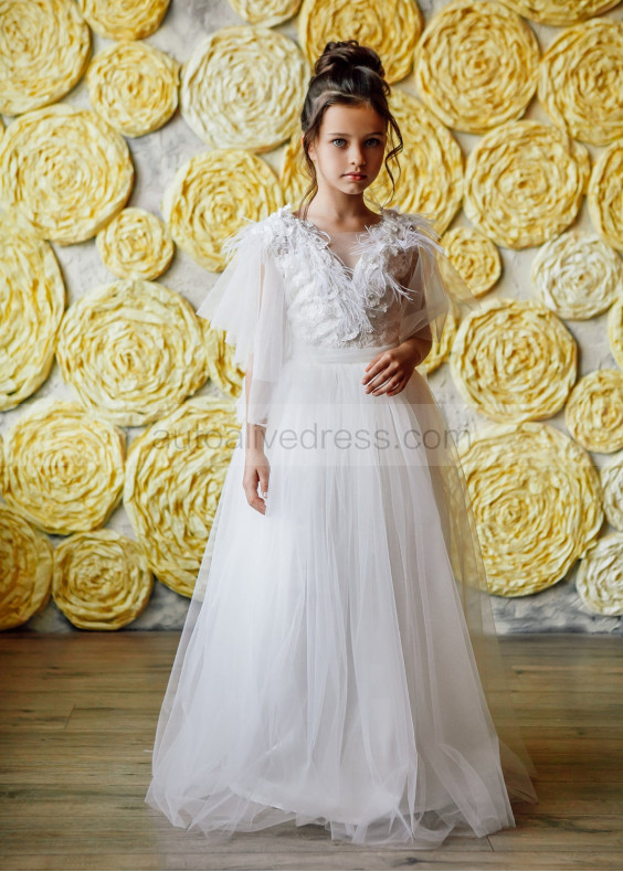 Ruffle Sleeves Beaded Ivory Lace Tulle Feather Flower Girl Dress Ruffle Sleeves Beaded Ivory Lace Tulle Feather Flower Girl Dress